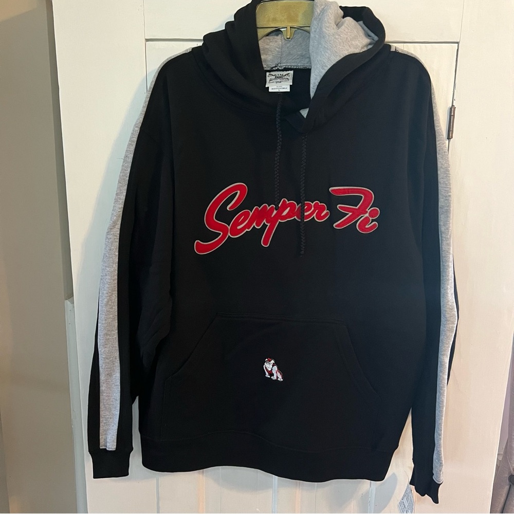 Vintage Semper Fi Hoodie Sweater Black Red Mens L Large Marine Corps Oarsman 913